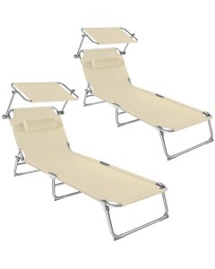 2 tumbonas ajustables en 4 niveles con parasol y reposacabezas, beige