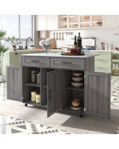 Isla de cocina con ruedas, 2 cajones y ala abatible gris 91,5x129x46-71cm