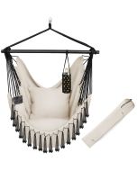 Silla colgante bohemia cojines gruesos, carga de 150 kg y bolsa, beige