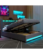 Cama doble 160x200cm con canapé hidráulico usb LED terciopelo gris oscuro