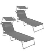 2 tumbonas ajustables en 4 niveles con parasol y reposacabezas, gris