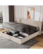 Cama 180x200cm con canapé hidráulico en terciopelo suave – beige