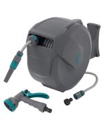 Carrete de manguera extensible 20m PVC gris con bloqueo y 9 funciones