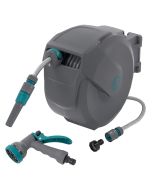 Carrete de manguera extensible 15m PVC gris con bloqueo y 9 funciones