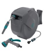 Carrete de manguera extensible 30m PVC gris con bloqueo y 9 funciones