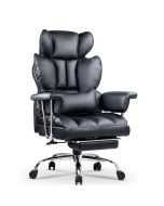 Silla de oficina de cuero con respaldo alto y reposapiés, negra