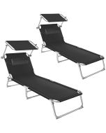 2 tumbonas ajustables en 4 niveles con parasol y reposacabezas, negro
