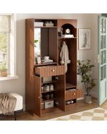 Mueble recibidor con espejo banco y iluminación LED nuez 180x100x35cm