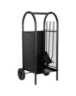 Leñero de metal con herramientas de chimenea negro 35x32x81
