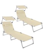 2 tumbonas ajustables en 4 niveles con parasol y reposacabezas, beige
