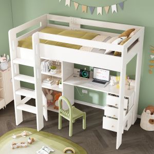 Cama alta 90x200 cm con escritorio y armario mdf – color blanco