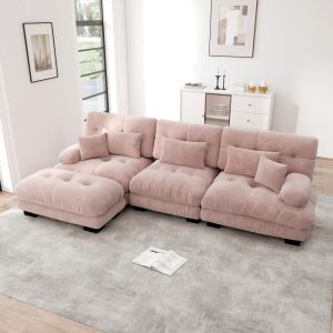 Sofá modular en l de chenilla rosa diseño nube con otomanas