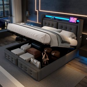 Cama tapizada 140x200cm almacenaje LED usb algodón lino gris