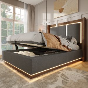 Cama tapizada 90x200 cm con LED y almacenaje hidráulico lino