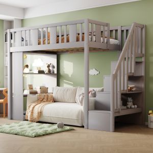 Cama alta 90x200cm escalera de almacenaje y compartimentos madera – gris