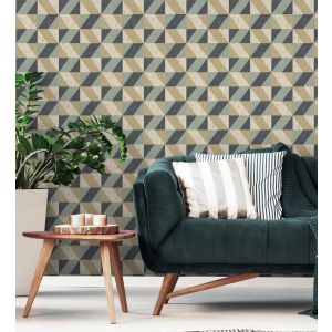 Papel pintado gaulan   geométrico rombos dorado verde azul en 5.23m²