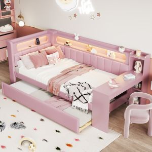 Cama acolchada con luces LED,90x200cm,rosa.
