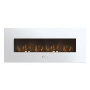 Chimenea eléctrica panorámica con luz LED ambiental y panel frontal blanco