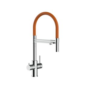 Grifo cocina 5 vías acero inox ducha 2 chorros amovible, pulido / naranja