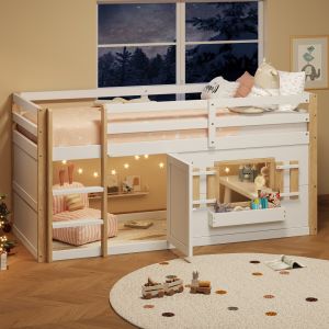 Cama alta 90x200cm con escalera y zona de juego madera maciza – blanco