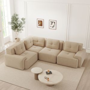 Sofá modular en l de pana beige 4 piezas antideslizante