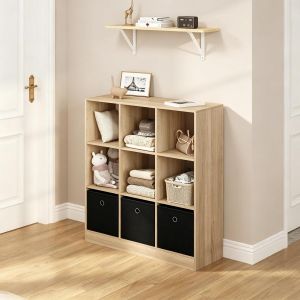 Estantería librería con 3 cajones de tela negro roble claro 86,5x80x30cm