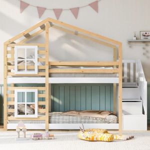 Litera 90x200cm casita, escalera con almacenaje, blanco/madera