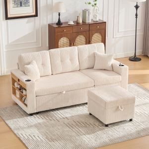 Sofá cama modular de pana beige 3 plazas con almacenaje luz LED y usb c