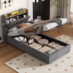 Cama 90x190 cm con canapé hidráulico, LED, usb, cabecero reversible - gris