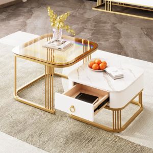 Mesa de centro anidable juego de 2 con cajón mdf blanco 42,5x60x60cm