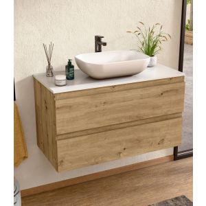 Mueble baño suspendido 80 cm roble/blanco, lavabo bellobath