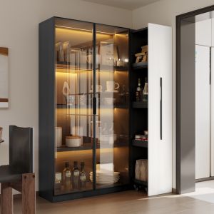 Vitrina multifuncional LED y estante extraíble negro blanco 160x110,5x35cm