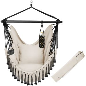 Silla colgante bohemia cojines gruesos, carga de 150 kg y bolsa, beige