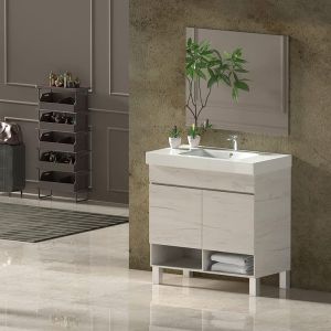 Mueble de Baño NEBARI con patas  incluye lavabo y espejo 70x45Cm con cajón Blanco Nórdico
