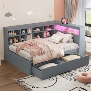 Cama individual 90x200cm con almacenaje y usb madera maciza – gris
