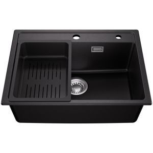 Fregadero de cocina negro con cesta - 60 x 46 cm - fregadero de un solo taz