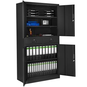 Tectake armario archivador acero, 2 cajones, estantes regulables, negro