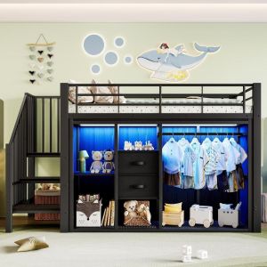 Cama alta 90x200cm con LED rgb, cajones, armario abierto, negro