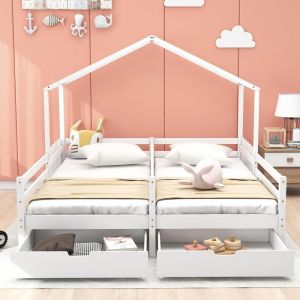 Cama infantil 90x200cm, pino macizo, 2 cajones con ruedas, blanca