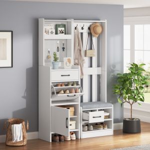 Mueble recibidor banco zapatero 2 cajones 2 armarios blanco 175,5x110x35cm