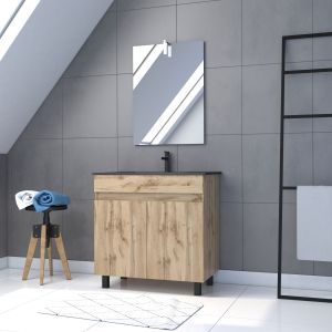 Mueble baño 80 cm con pies roble + lavabo negro + espejo LED