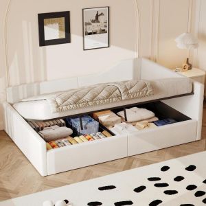 Sofá cama 140x200cm con almacenaje y somier de láminas, beige