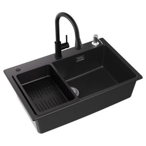 Fregadero de cocina de granito 70x45cm con dispensador de jabón, escurridor