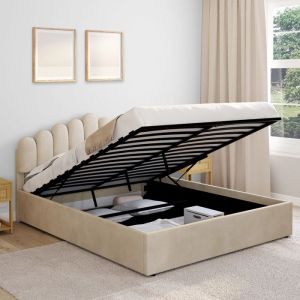 Cama con arcón doble de terciopelo beige 160 x 190 cm