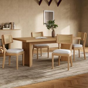 4 sillas de comedor madera maciza con ratán y asiento de lino