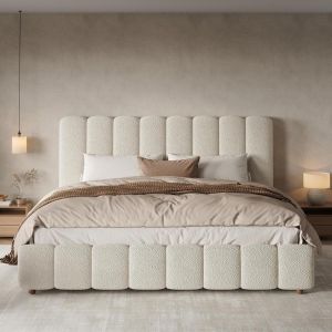 Cama tapizada 180x200cm bouclé con canapé hidráulico, blanca