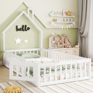 Cama infantil 90x200cm madera forma chimenea con barandilla blanco