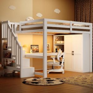 Cama alta 140x200 cm con escritorio, armario, LED y usb, blanca