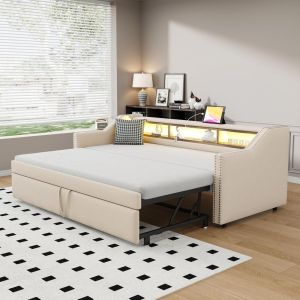 Sofá cama nido 90x190cm, extensible 180cm, almacenaje lateral, beige