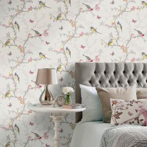 Papel pintado gaulan romántico de pájaros y mariposas en ramas de 5.33m²